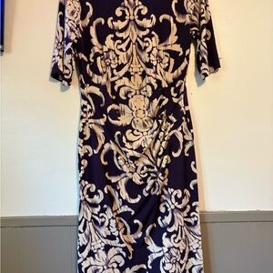 Connected Apparel Purple and Cream Floral Midi Dress